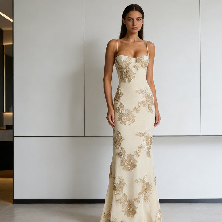 Damer Elegant Figurtilpasset Aftenkjole med florale Broderier Skovae