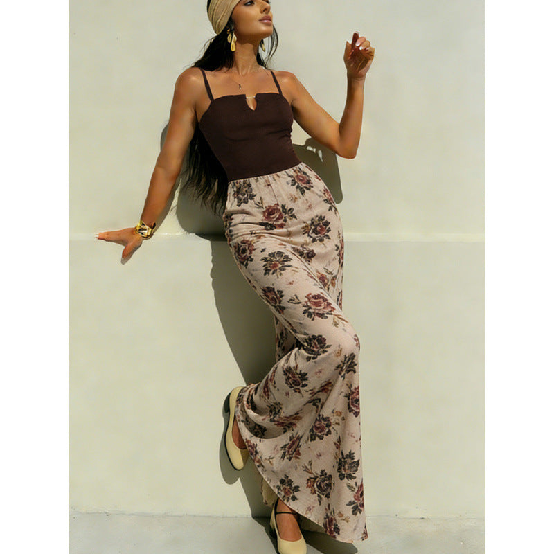 Damen Maxi-Kleid mit modischem Blumenmuster und schmalen Spaghettiträgern Skovae