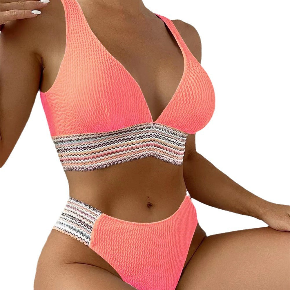 Dame Bikini med høj benudskæring og elastisk stribemønster Skovae