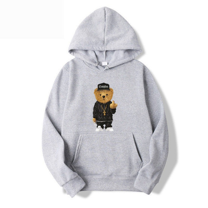 Kvinders hoodie med kunstnerisk bjørnedesign og kængurulomme Skovae
