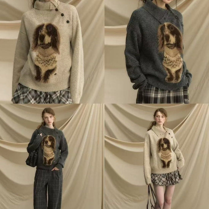 Dame strikket sweater med dyremotiv og høj krave Stilla