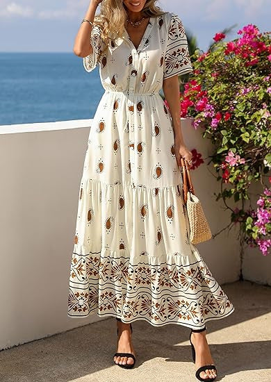 Dame Boho Maxikjole med blomsterprint og taljebelte Skovae