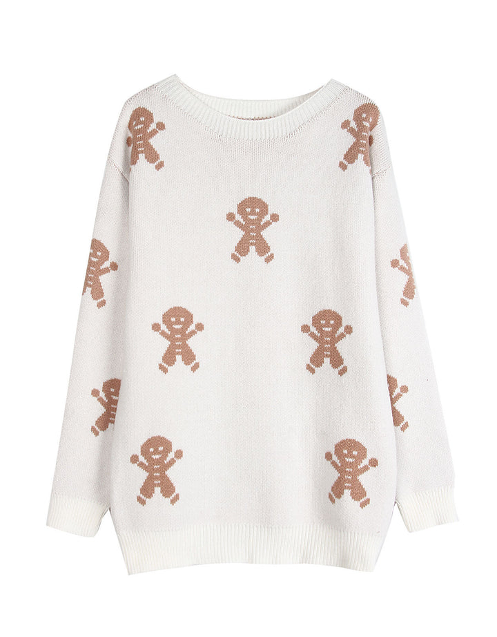 Kvindelig strikket sweater med festligt ingefærbrødsmotiv og løs pasform Stilla