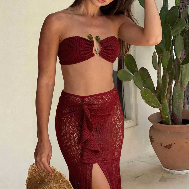 Dame Bandeau-bikini med flæse nederdel og elegant lukning Skovae