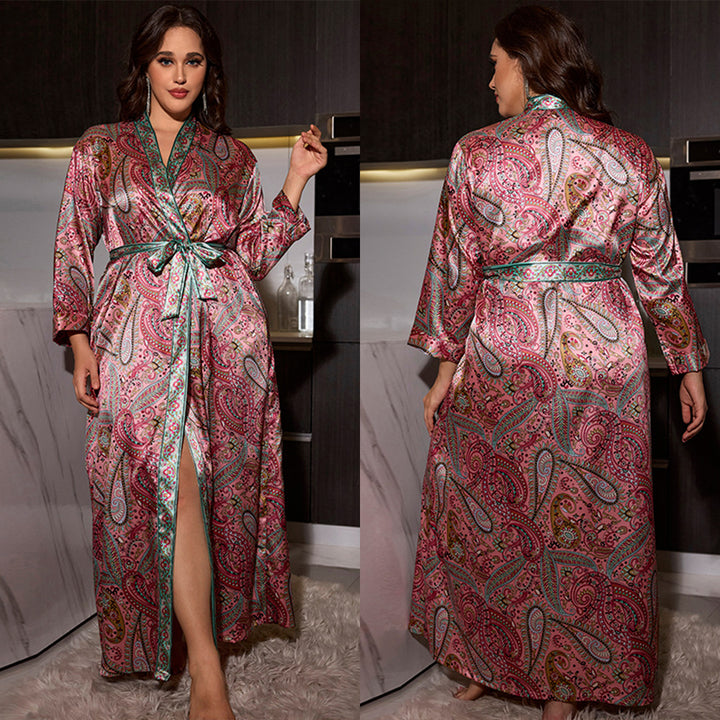 Dame Satin Kimono-Kjole med elegant Paisley-mønster og taljebælte Stilla