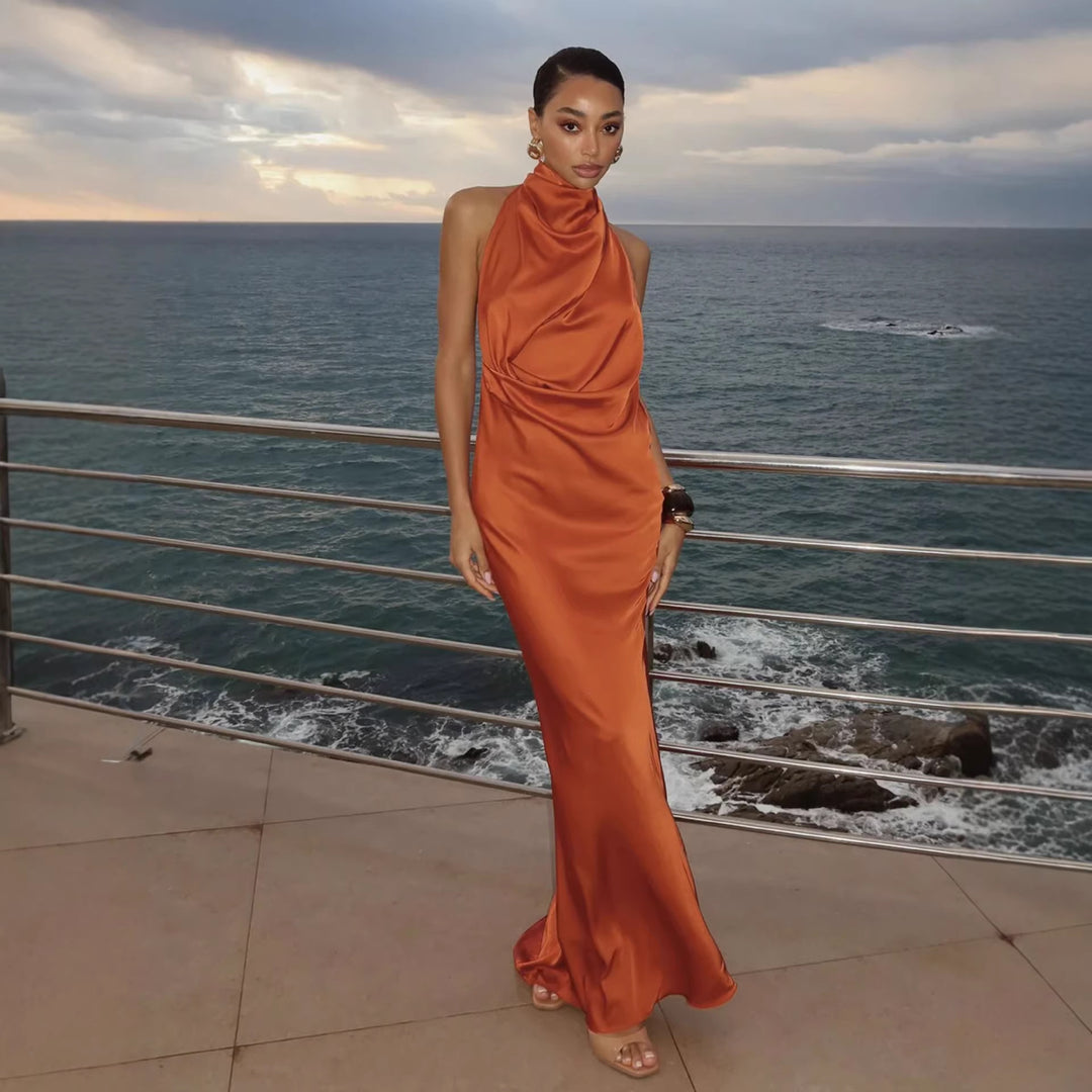 Dame Elegant Maxi Kjole med Høj- Kvalitets Drapering Design og Skinnende Stof Skovae