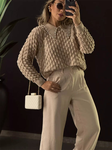 Dame Grovstrikpullover med elegant knappeliste Stilla