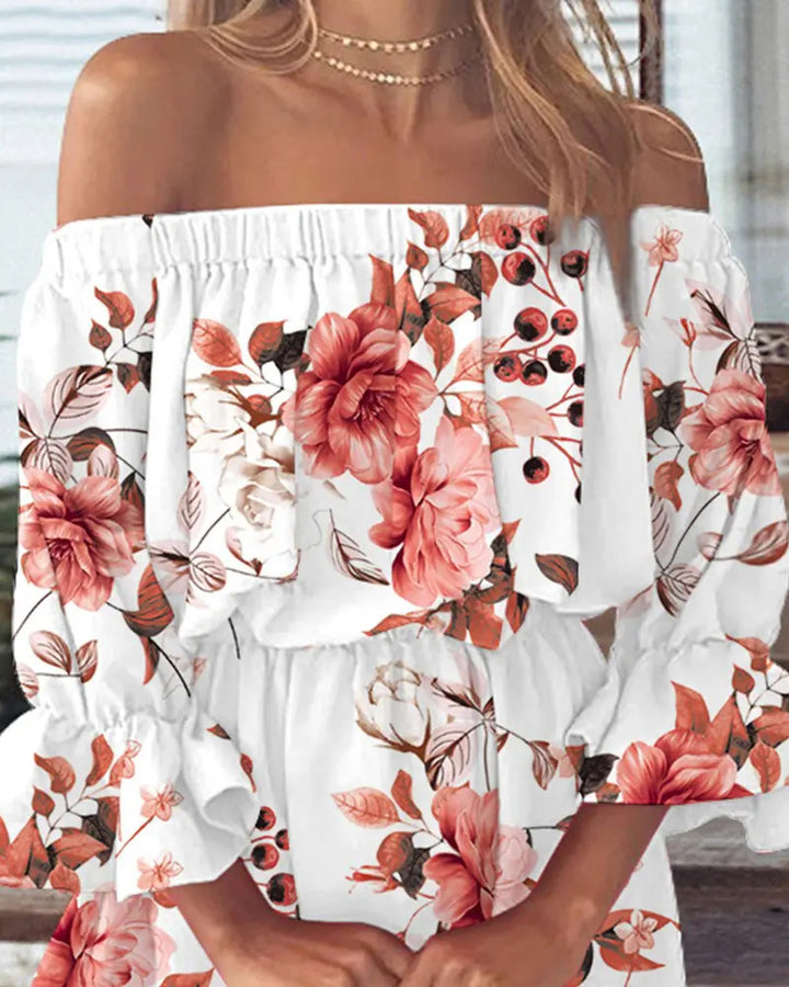 Dame luftig Off-Shoulder Kjole med Rüschendetails og blomster mønster Stilla