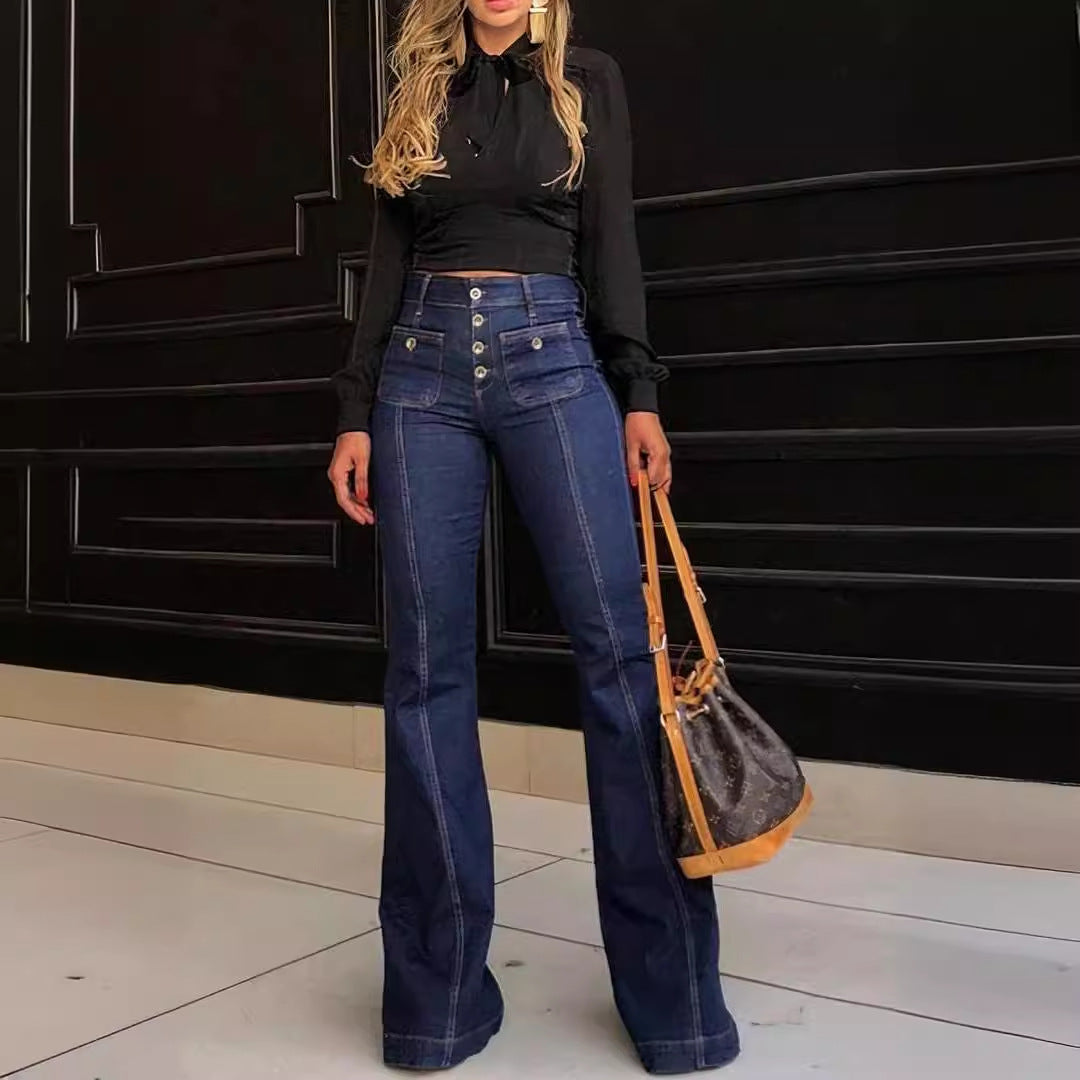Damer Højskåret Tryklåsjeans med vintage detaljer og dekorative knapper Stilla
