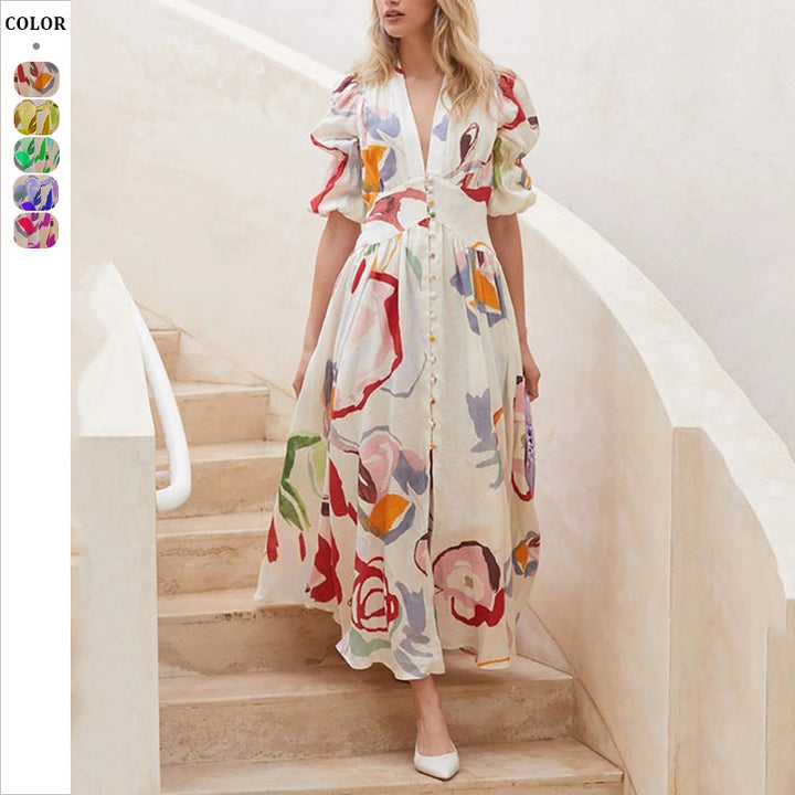 Dame Maxi-kjole med iøjnefaldende floralt design og volumetriske ærmer Stilla
