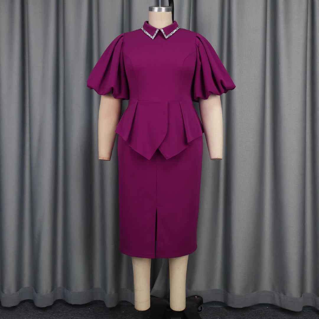Damer Figurtilpasset Peplum Kjole med Puffærmer og Glitterkrave Skovae