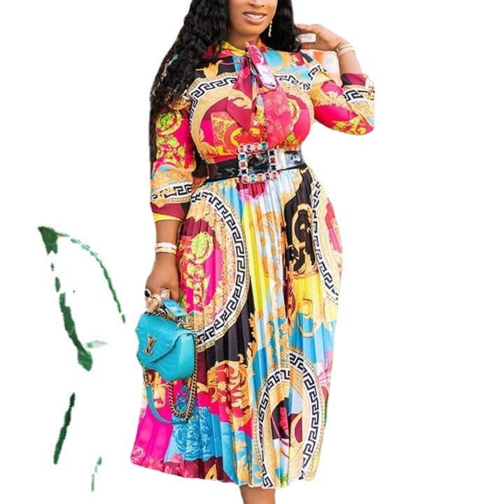 Dame Floral Print Maxikjole med bindebar krave Stilla
