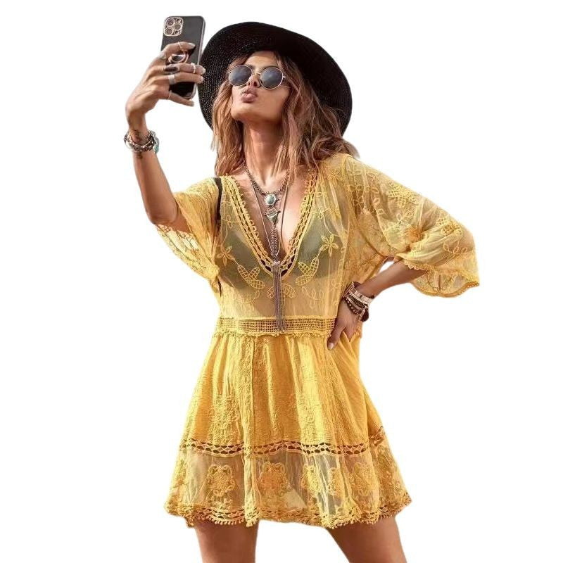 Frau Sommerligt Kaftan-kjole med blomsterbroderi og transparent udseende Stilla
