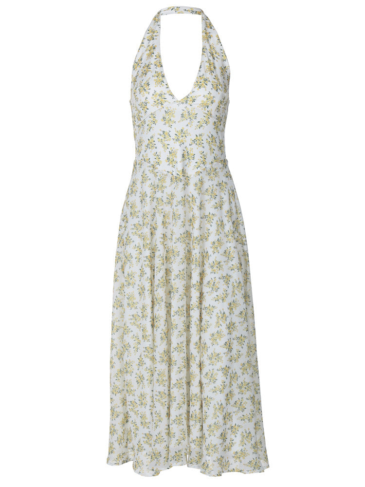Dame Vintage Halterneck Kjole med A-linje Snit og Blomster Mønstre Stilla