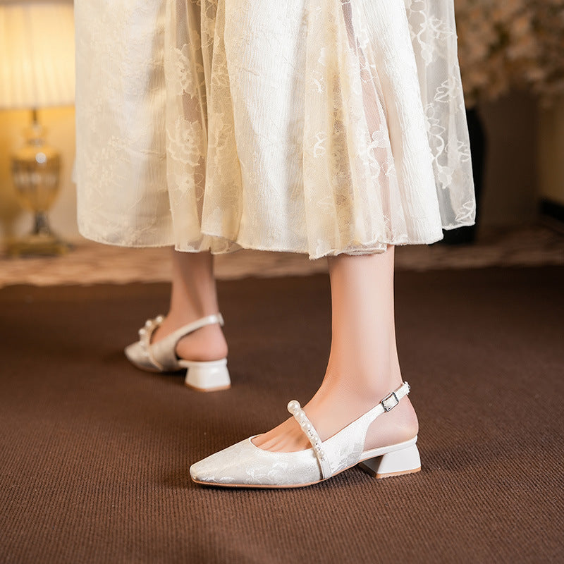 Femme Elegante Floral-Prægning Slingback Hæle med Perleafsnit Stilla