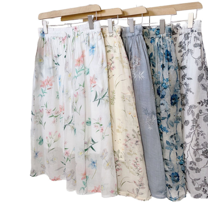 Dame Floral Print Midi Skirt med elastisk talje Stilla