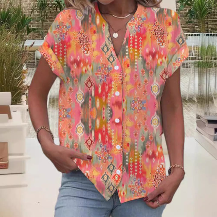 Dame kortærmet bluse med kunstnerisk Ikat-design Stilla