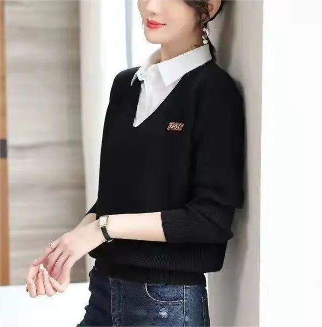 Kvinders elegante V-hals sweater med skjortekrave Stilla