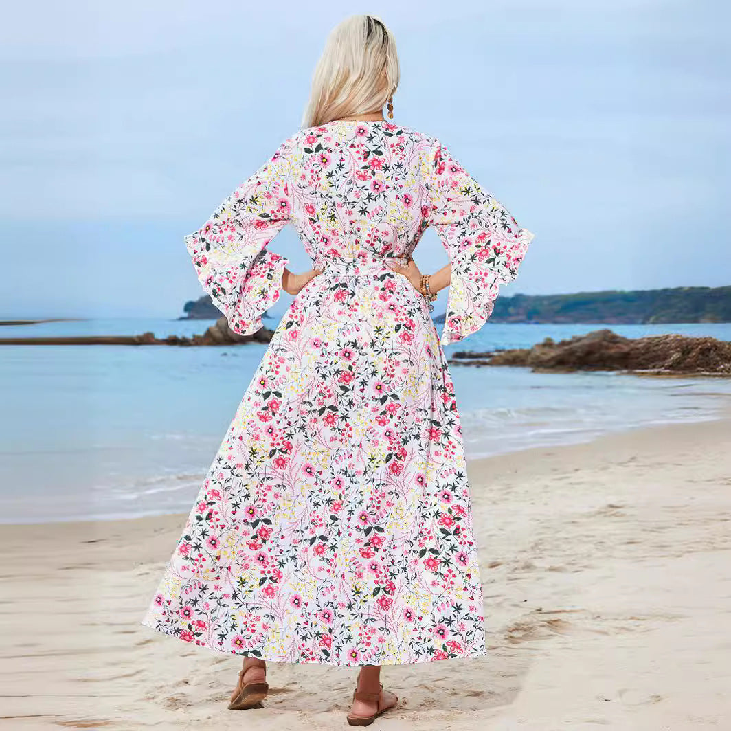 Dame Floral Maxikjole med dyb V-udskæring og voluminøse ærmer Stilla