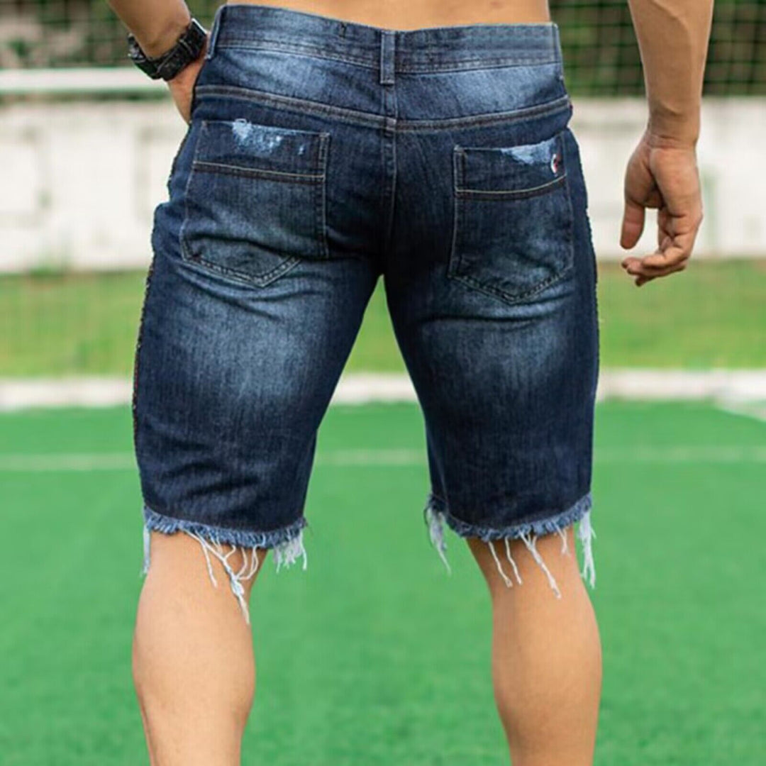 Herren ødelagte denim-shorts med uregelmæssig kant og fashionable hul-detaljer Skovae