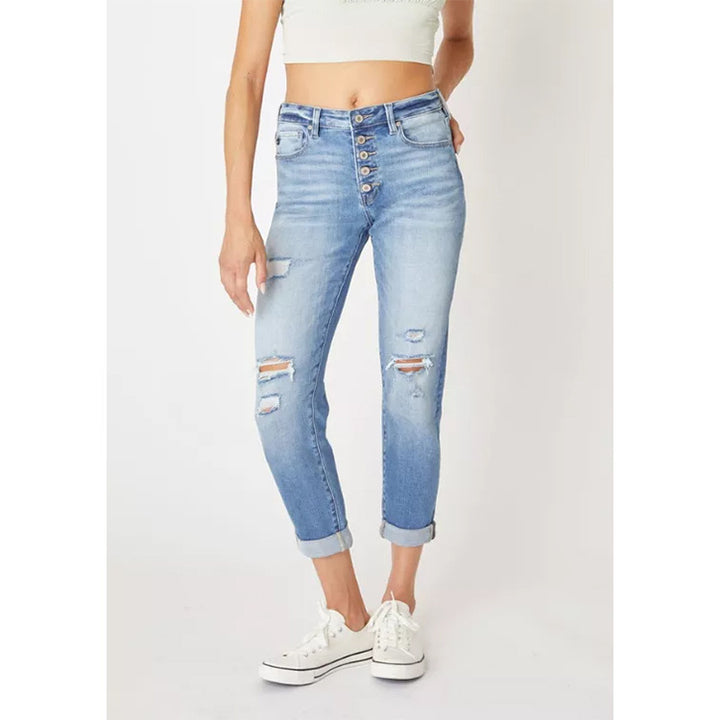 Damejeans i moderne boyfriend-snit med høje knapdetaljer og stilfuld used-look Stilla