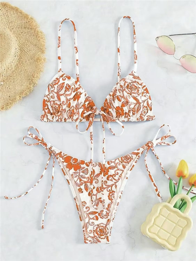 Dame Triangel-Bikini-sæt med blomsterdesign og justerbare bindebånd Stilla