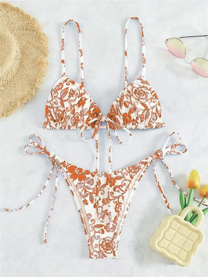 Dame Triangel-Bikini-sæt med blomsterdesign og justerbare bindebånd Stilla