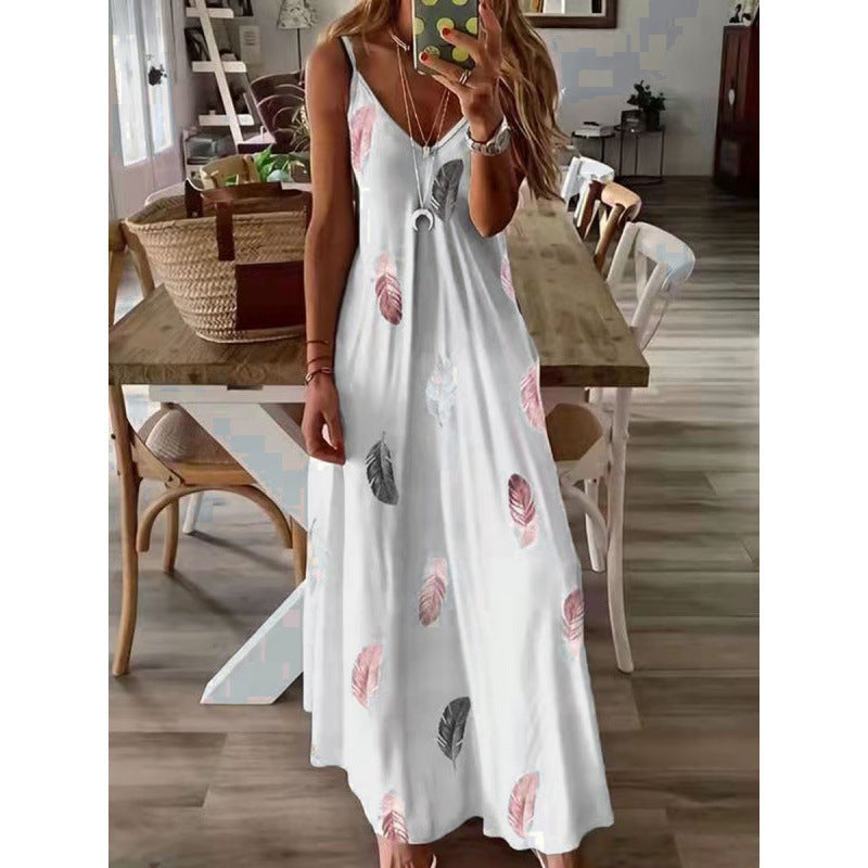 Dame Casual Slip Kjole med Bladtryk-Design Stilla