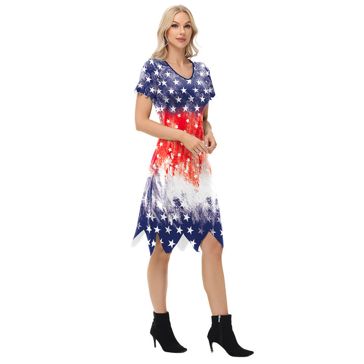 Dame afslappet T-shirt kjole med amerikansk flag mønster og asymmetrisk kant Stilla