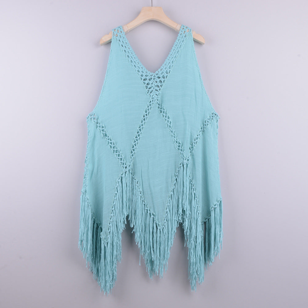 Dame Strandlinned Poncho med frynser og hækledetaljer Stilla