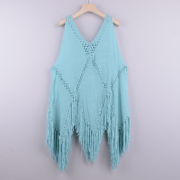 Dame Strandlinned Poncho med frynser og hækledetaljer Stilla