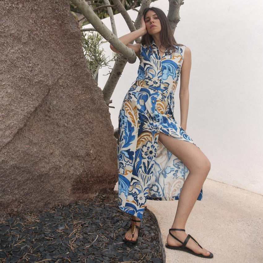 Femme Floral Print Midi Kjole med Bælte Stilla