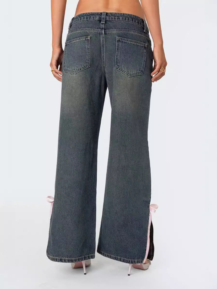 Dame Mode Wide-Leg Jeans med unikt snøre-detalje Stilla