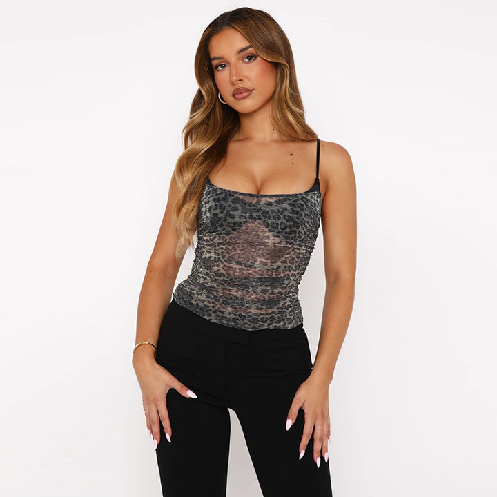Dame sporty spids top med leopardmønster Skovae