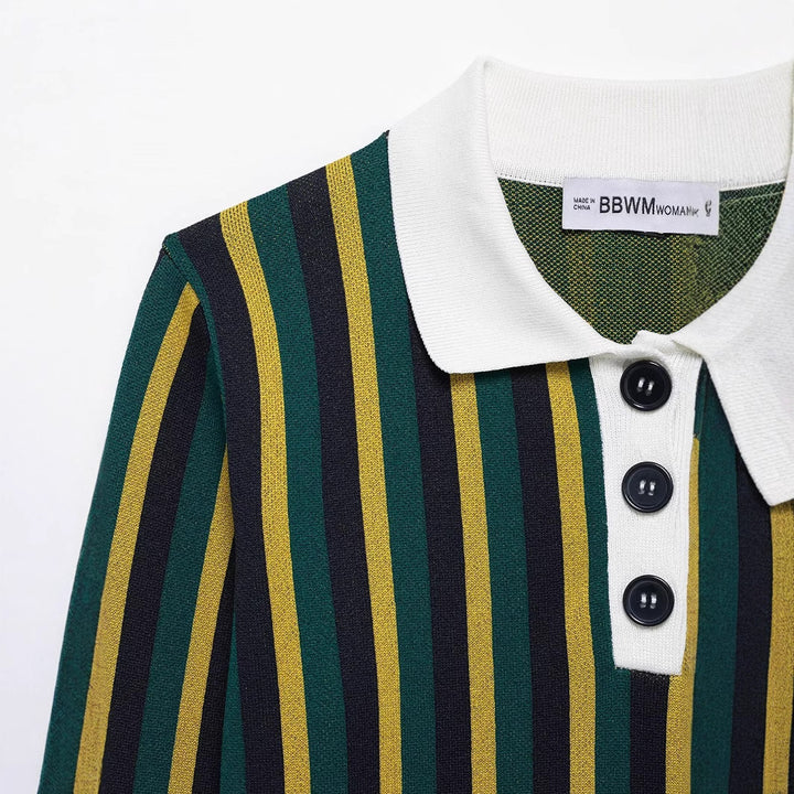 Femme Kort skåret stribet strik-Polo-sweater Stilla