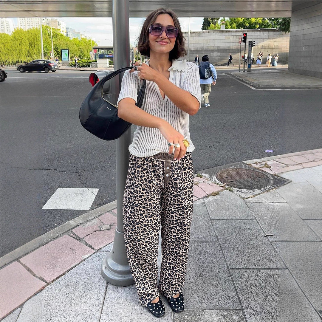 Dame casual Palazzo-bukser med leopardmønster og elastisk talje Skovae