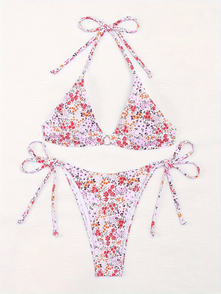 Dame Triangel-Bikini med blomsterdesign og justerbare bånd Stilla