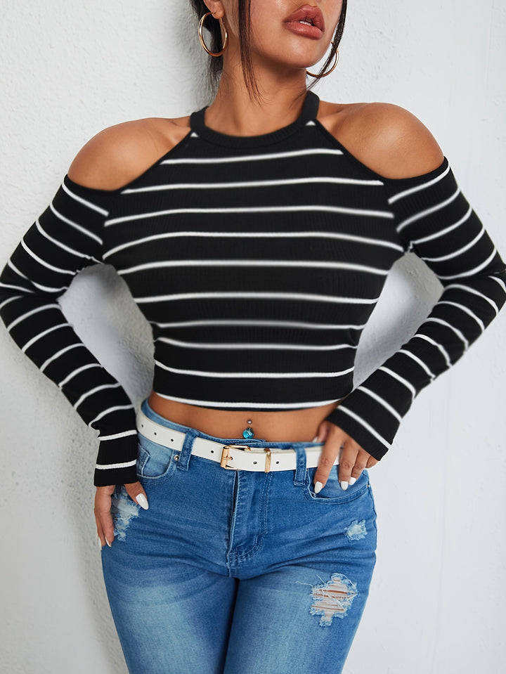 Dame Fashionabel top med off-shoulder design og stribemønster Stilla
