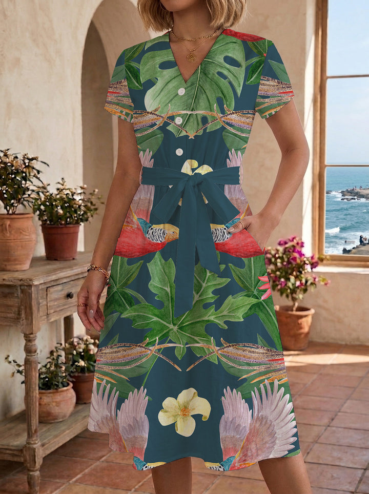 Dame midi kjole med blomsterprint og talje bælte Skovae