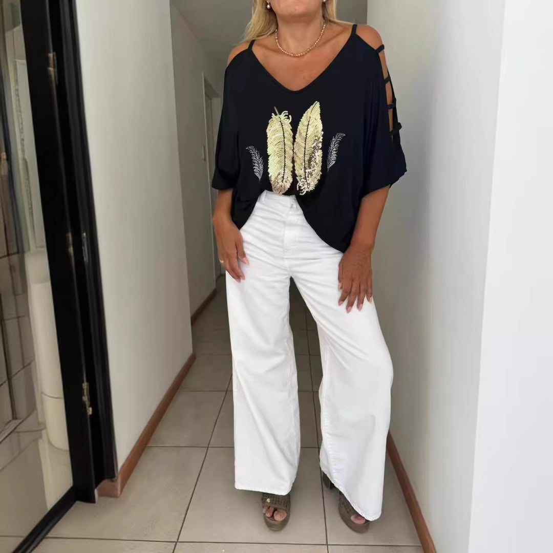 Dame oversized T-Shirt med elegant broderi og åbne skuldre Stilla
