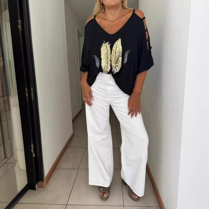 Dame oversized T-Shirt med elegant broderi og åbne skuldre Stilla