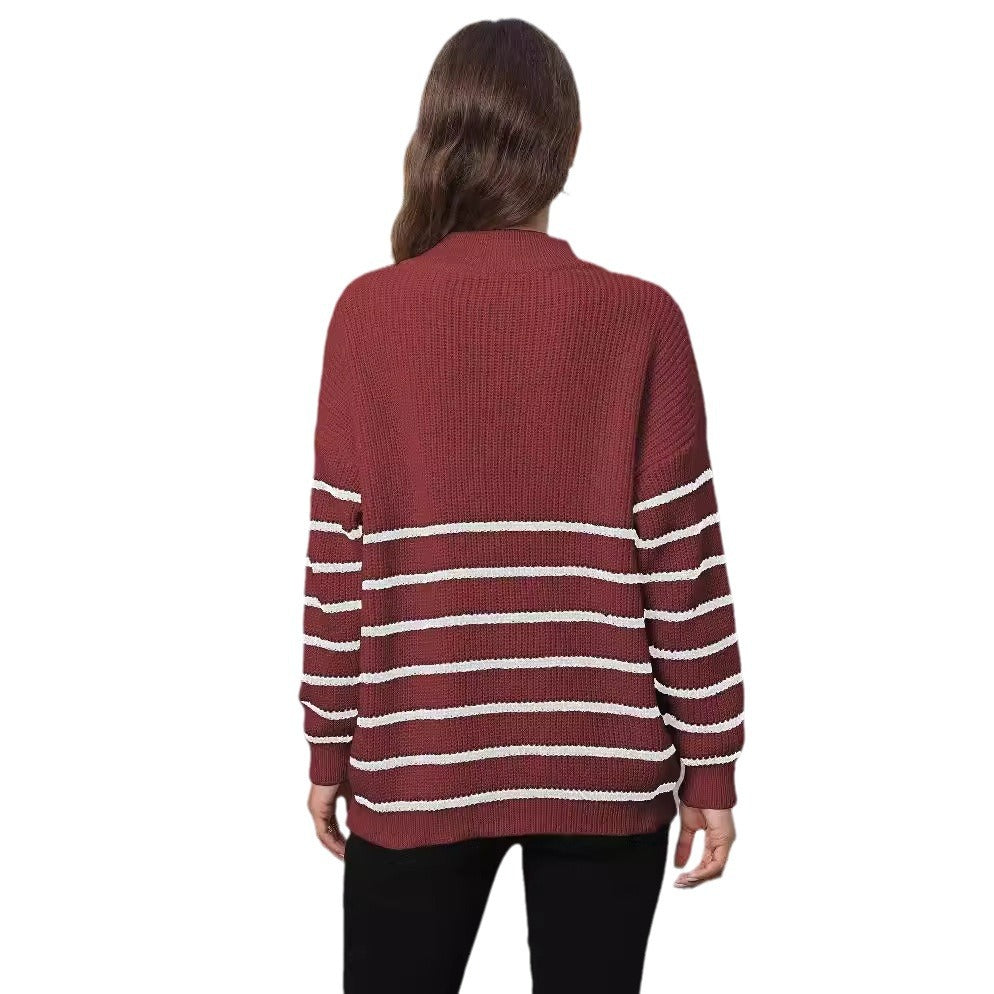Dame sweatshirt med halv lynlås og hjertemotiv i stribemønster Stilla