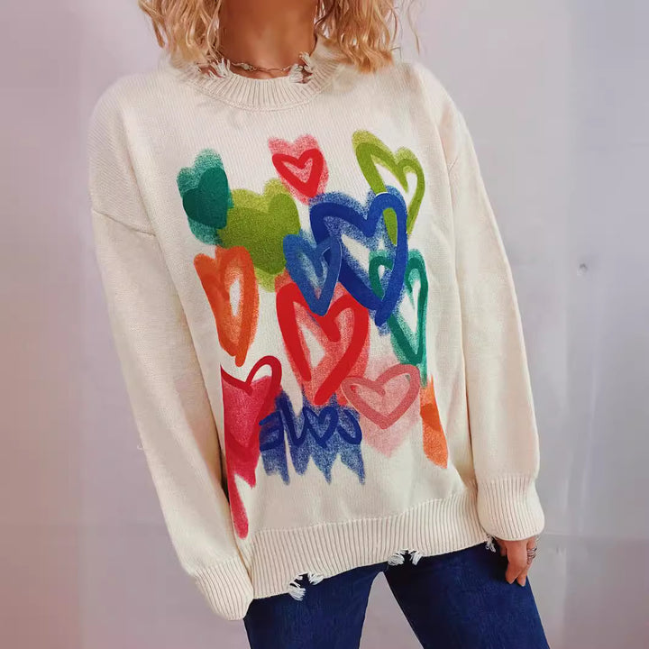 Kvinders cozy sweater med farverigt hjerte design Stilla