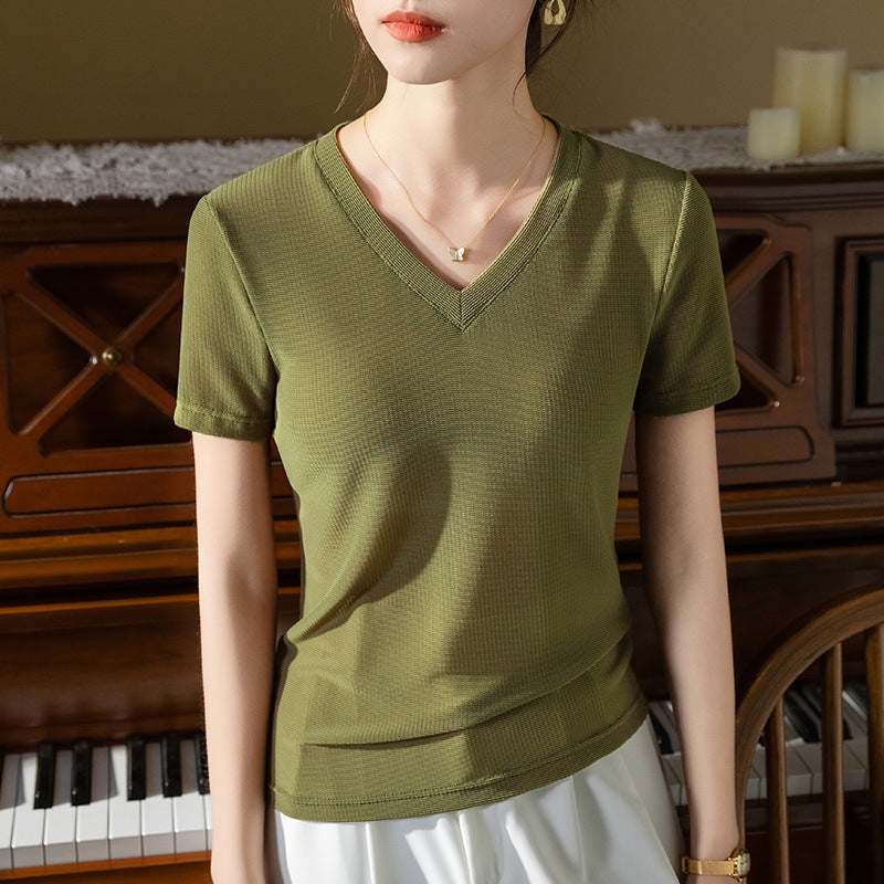 Dame figursyet V-hals T-shirt med fin ribstruktur Stilla