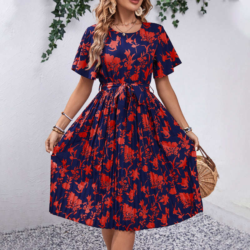 Dame Floral Print Bindebælte Midi Kjole Stilla