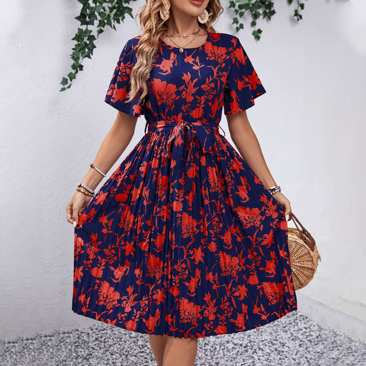 Dame Floral Print Bindebælte Midi Kjole Stilla