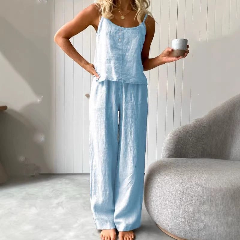 Dame casual linned sæt med top og brede bukser Skovae