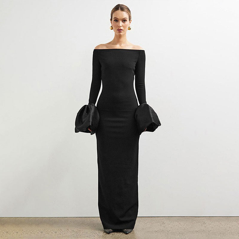 Dame Elegant Langærmet Maxikjole med Off-Shoulder Uddybning og Flæsedetaljer Skovae
