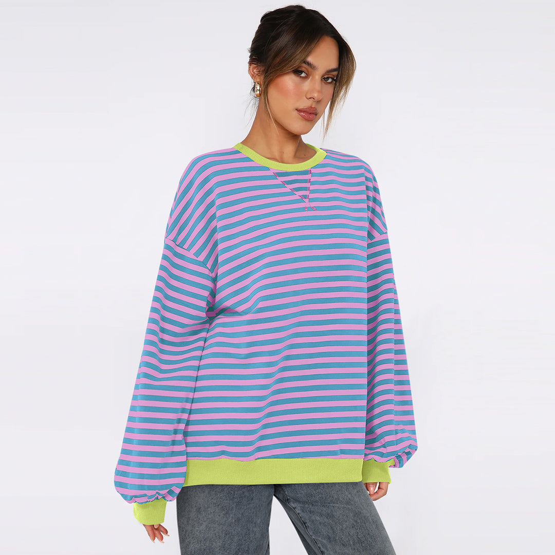 Dame Oversized Sweatshirt med stribet design og komfortable pufærmer Stilla