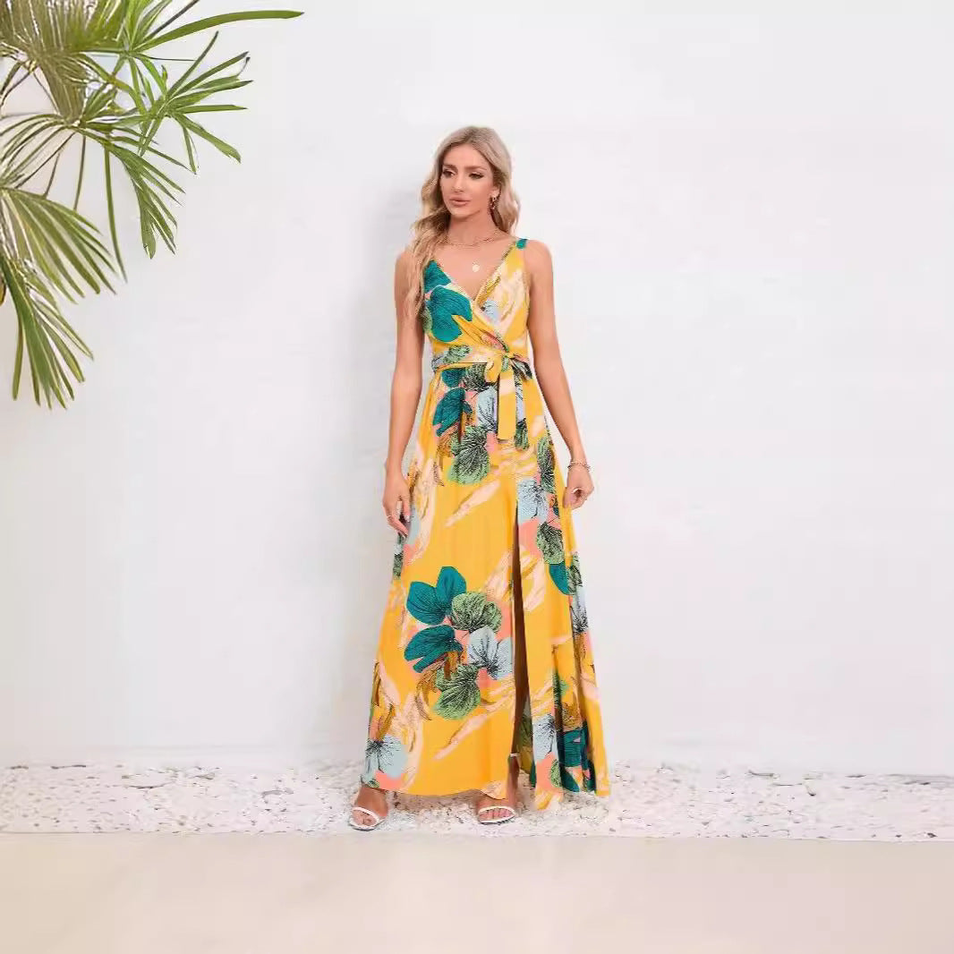 Dame maxikjole med dyb V-udskæring og blomstermønster Stilla